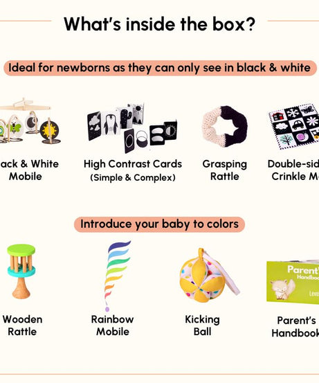 Curious Cub Play & Learn Montessori Kit | Level 1 for 0-3 Months | 9 Engaging Sensory & Developmental Toys for Newborns | High Contrast, Auditory & Motor Skill-Boosting Playset | Made in India - MINIMEE KIDS