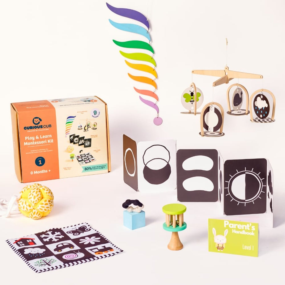 Curious Cub Play & Learn Montessori Kit | Level 1 for 0-3 Months | 9 Engaging Sensory & Developmental Toys for Newborns | High Contrast, Auditory & Motor Skill-Boosting Playset | Made in India