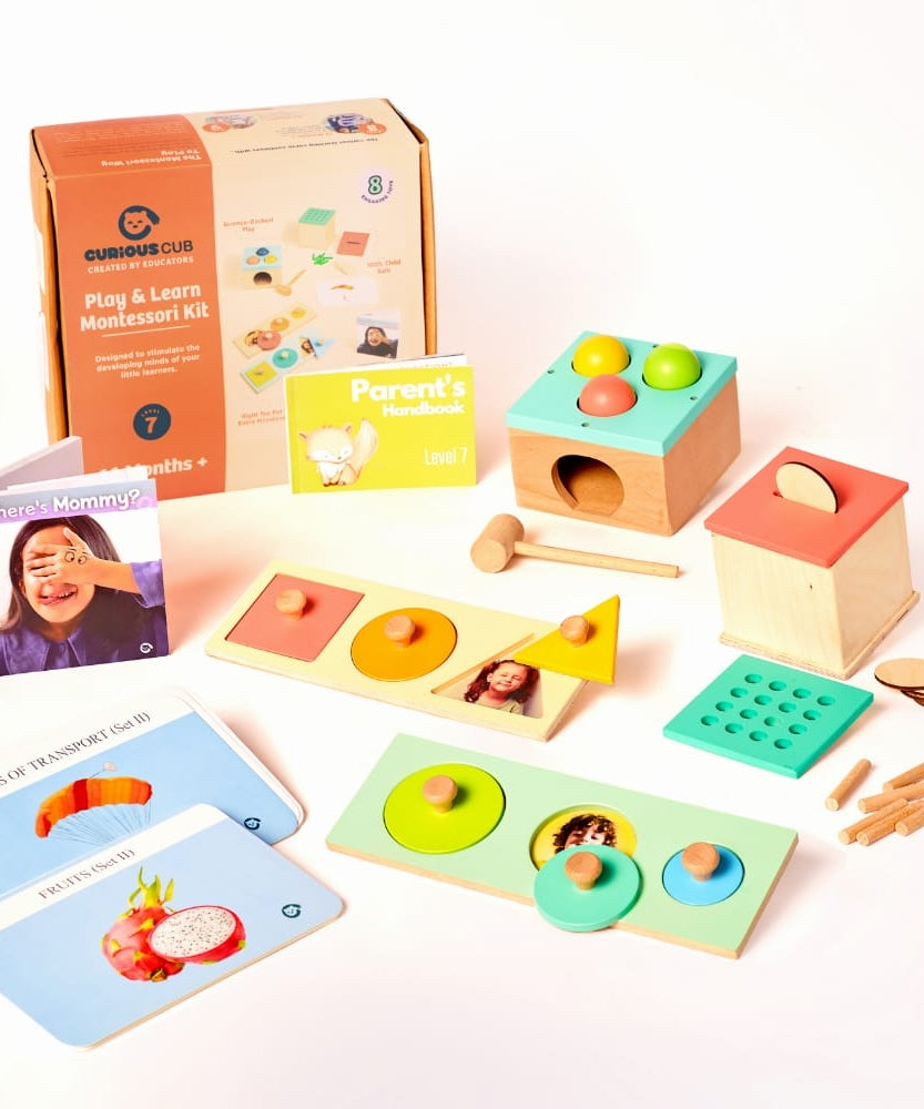 Curious Cub Level 7 Play & Learn Montessori Kit (13 Months+) | 8-Piece Educational Toy Set for Size Discrimination, Hand Strength & Vocabulary | minimee kids