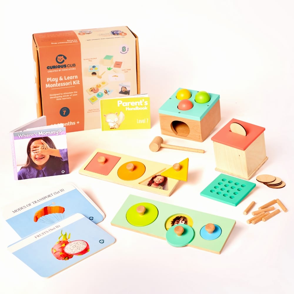 Curious Cub Level 7 Play & Learn Montessori Kit (13 Months+) | 8-Piece Educational Toy Set for Size Discrimination, Hand Strength & Vocabulary | minimee kids