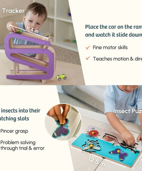 Curious Cub Level 8 Montessori Play & Learn Kit (16-18 Months) | Toddler Educational Set with Car Tracker & Magnetic Bird Feeder | minimee kids