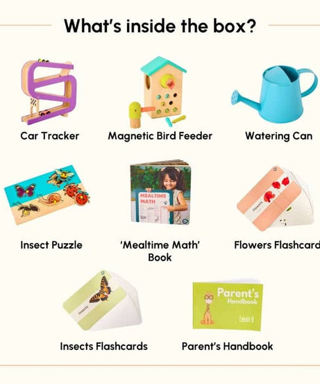 Curious Cub Level 8 Montessori Play & Learn Kit (16-18 Months) | Toddler Educational Set with Car Tracker & Magnetic Bird Feeder | minimee kids