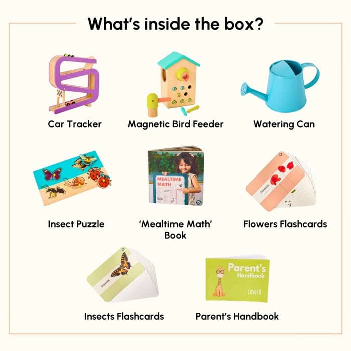 Curious Cub Level 8 Montessori Play & Learn Kit (16-18 Months) | Toddler Educational Set with Car Tracker & Magnetic Bird Feeder | minimee kids