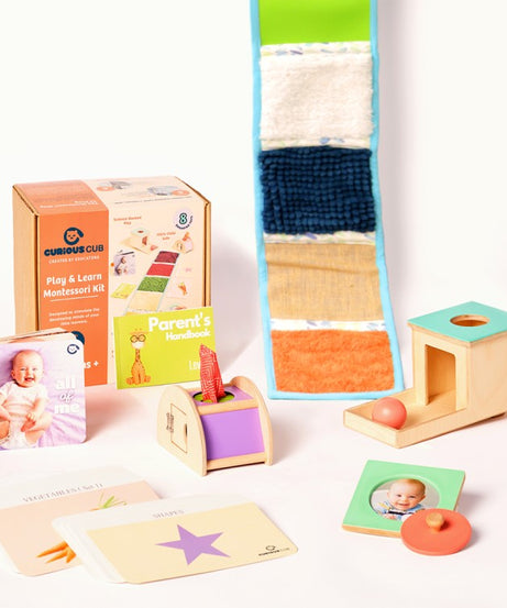 Curious Cub Level 4 Play & Learn Montessori Kit (7 Months+) | 8-Piece Developmental Toy Set for Object Permanence, Motor Skills & Sensory Exploration | minimee kids