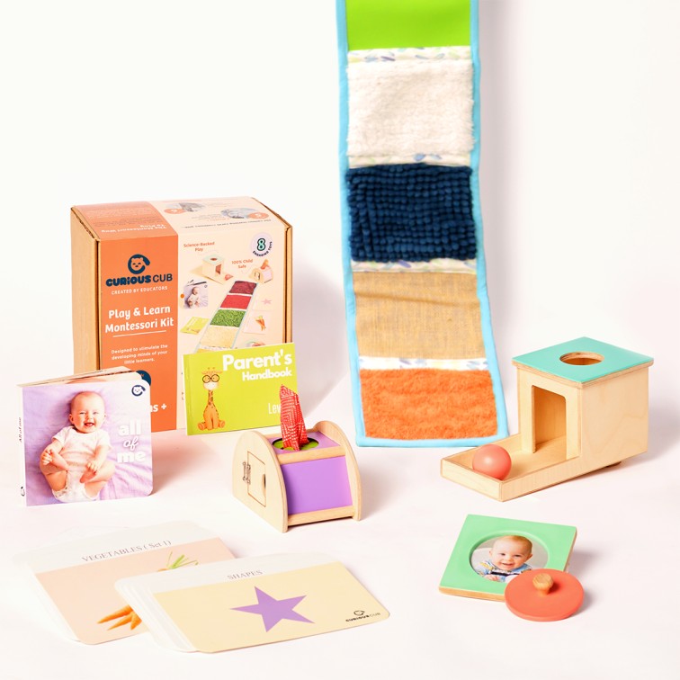 Curious Cub Level 4 Play & Learn Montessori Kit (7 Months+) | 8-Piece Developmental Toy Set for Object Permanence, Motor Skills & Sensory Exploration | minimee kids