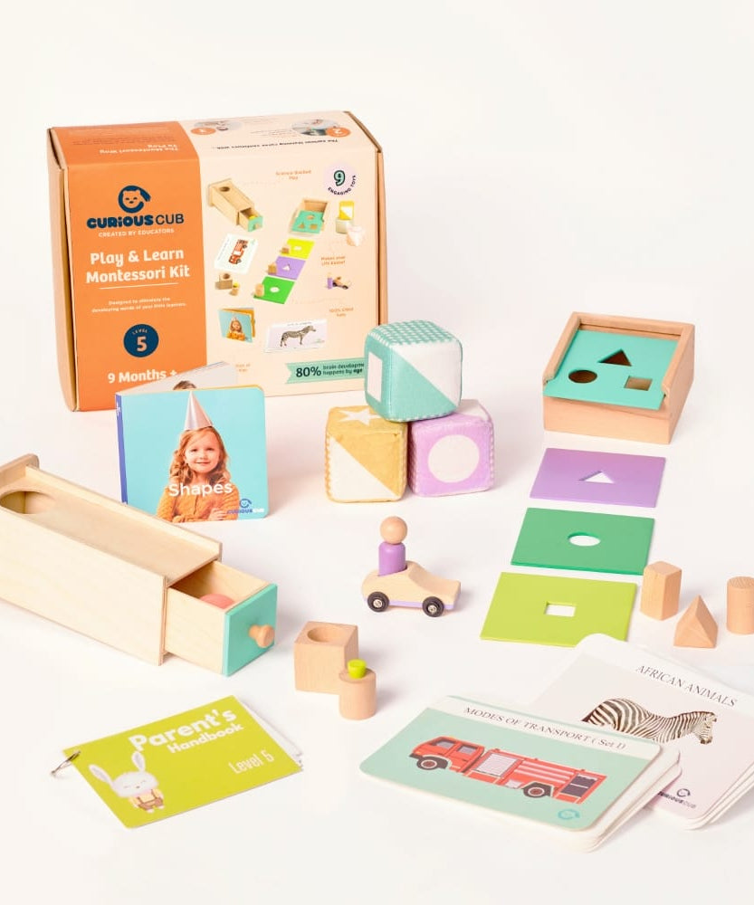 Curious Cub Level 5 Montessori Play & Learn Kit (9 Months+) | 9-Piece Educational Toy Set for Pincer Grip, Shape Recognition & Language Skills | minimee kids