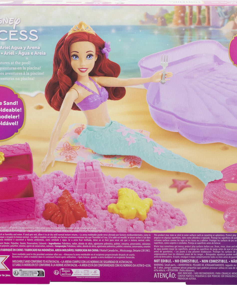 Disney Princess Swim and Sand Ariel Doll – Little Barbie Mermaid Toy with Shell Pool, Moldable Sand, Sand Molds & 5 Accessories for Kids 3+ Years