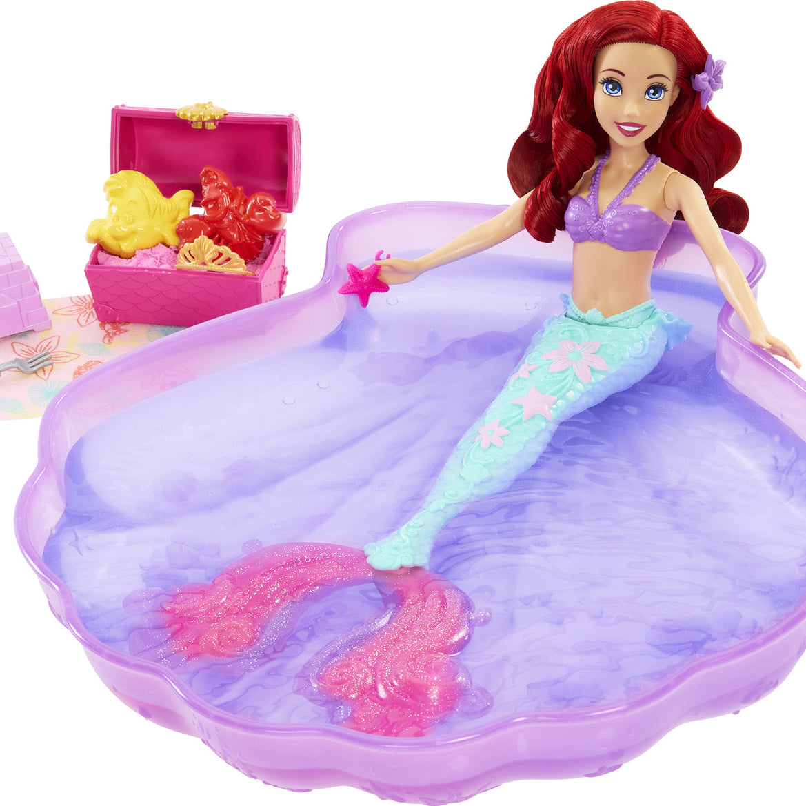 Disney Princess Swim and Sand Ariel Doll – Little Barbie Mermaid Toy with Shell Pool, Moldable Sand, Sand Molds & 5 Accessories for Kids 3+ Years