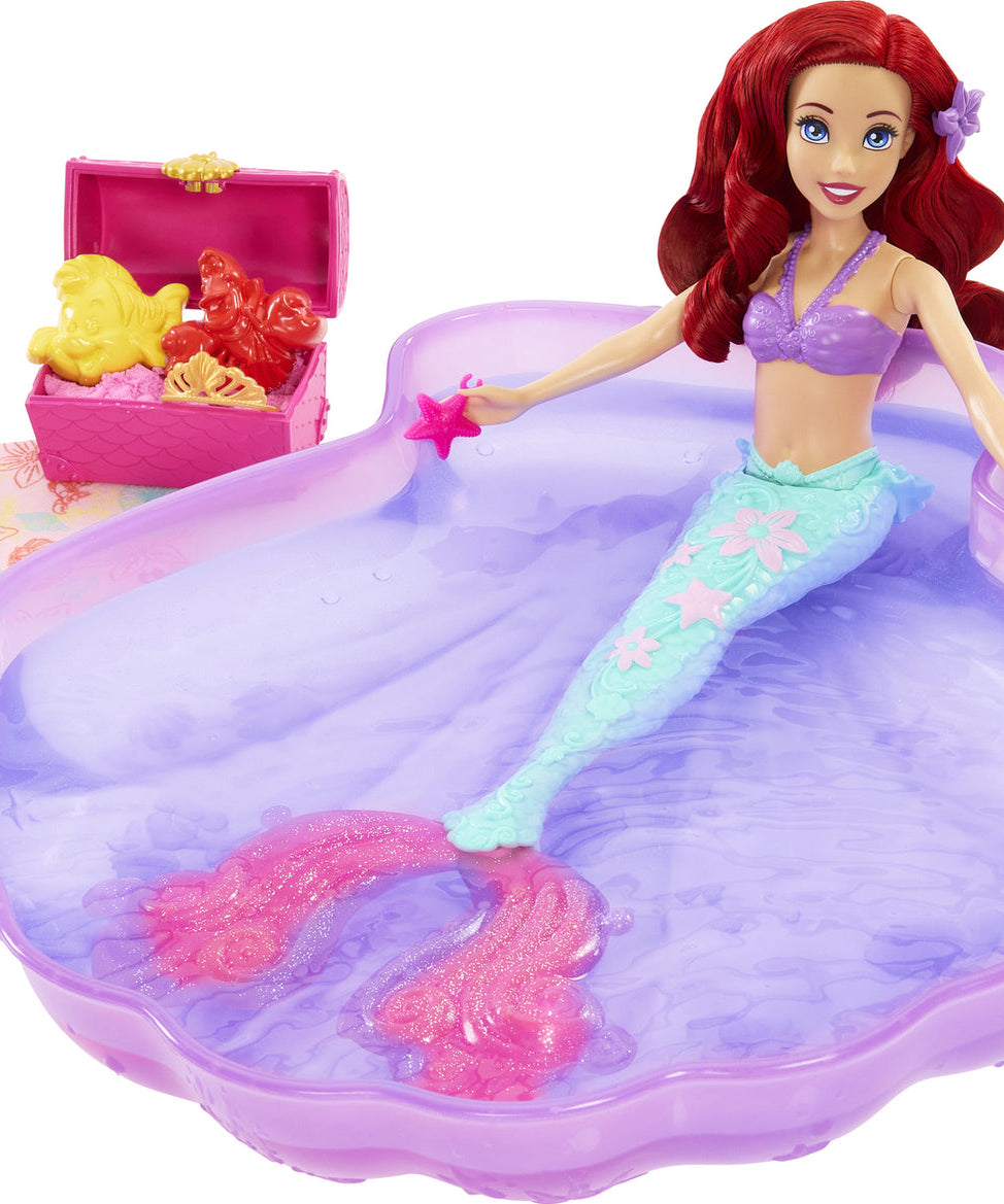 Disney Princess Swim and Sand Ariel Doll – Little Barbie Mermaid Toy with Shell Pool, Moldable Sand, Sand Molds & 5 Accessories for Kids 3+ Years
