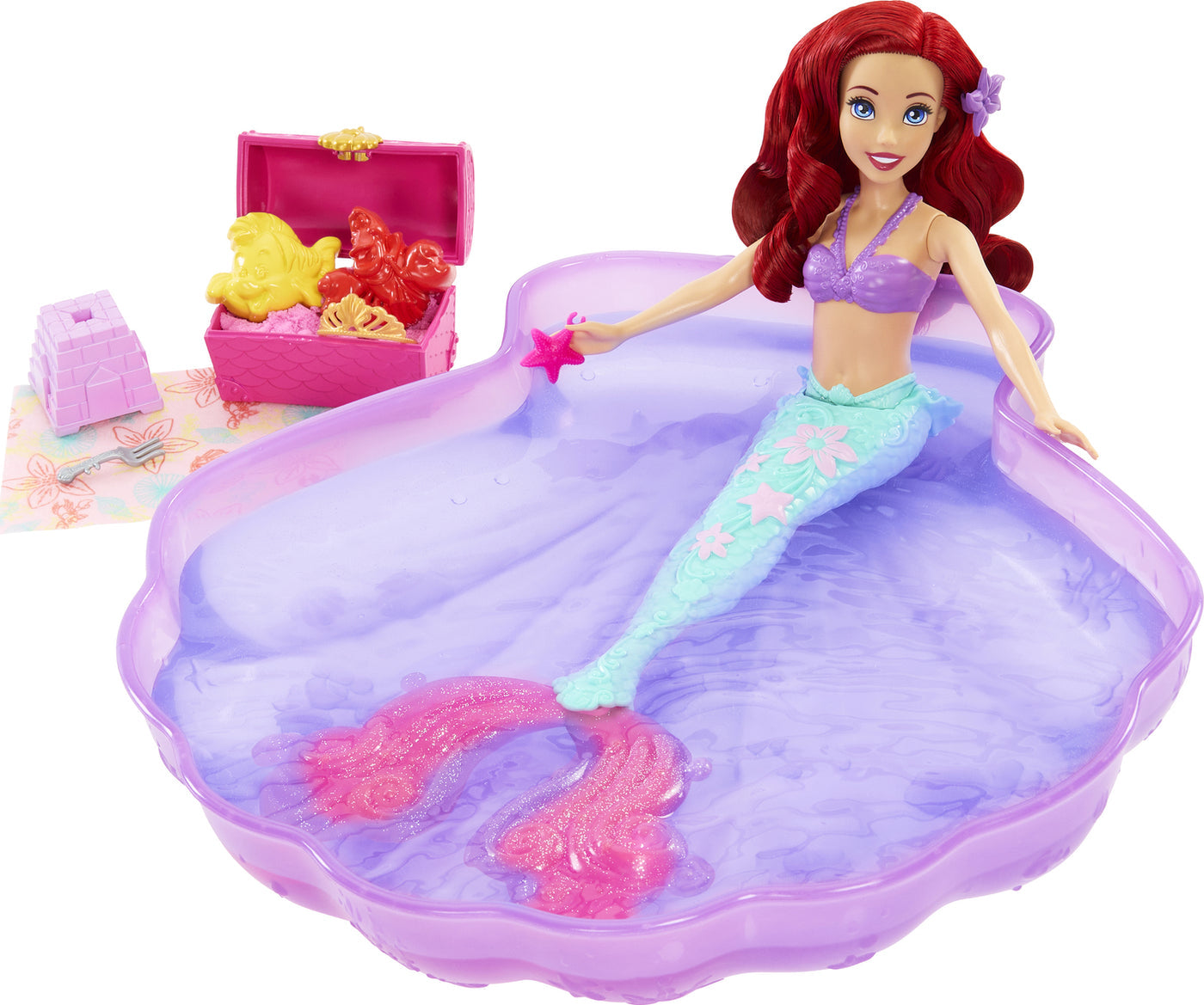 Disney Princess Swim and Sand Ariel Doll – Little Barbie Mermaid Toy with Shell Pool, Moldable Sand, Sand Molds & 5 Accessories for Kids 3+ Years