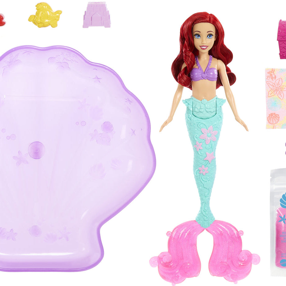 Disney Princess Swim and Sand Ariel Doll – Little Barbie Mermaid Toy with Shell Pool, Moldable Sand, Sand Molds & 5 Accessories for Kids 3+ Years