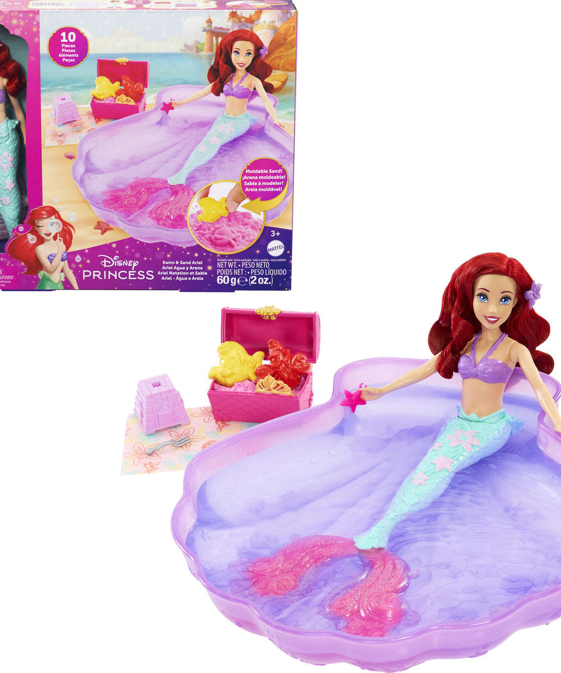 Disney Princess Swim and Sand Ariel Doll – Little Barbie Mermaid Toy with Shell Pool, Moldable Sand, Sand Molds & 5 Accessories for Kids 3+ Years