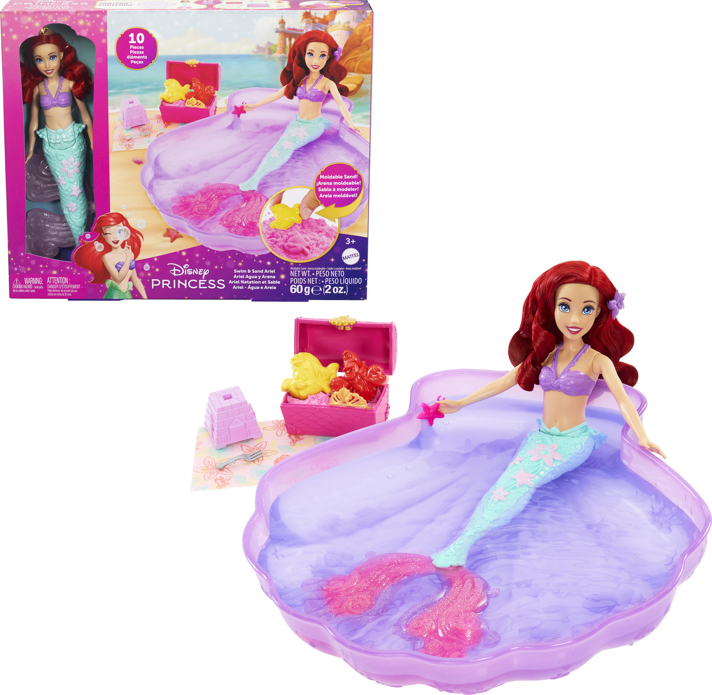 Disney Princess Swim and Sand Ariel Doll – Little Barbie Mermaid Toy with Shell Pool, Moldable Sand, Sand Molds & 5 Accessories for Kids 3+ Years