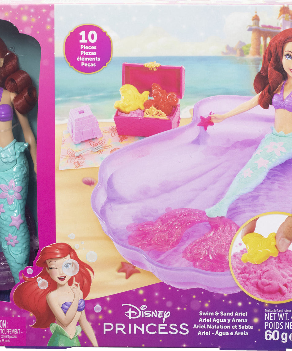 Disney Princess Swim and Sand Ariel Doll – Little Barbie Mermaid Toy with Shell Pool, Moldable Sand, Sand Molds & 5 Accessories for Kids 3+ Years