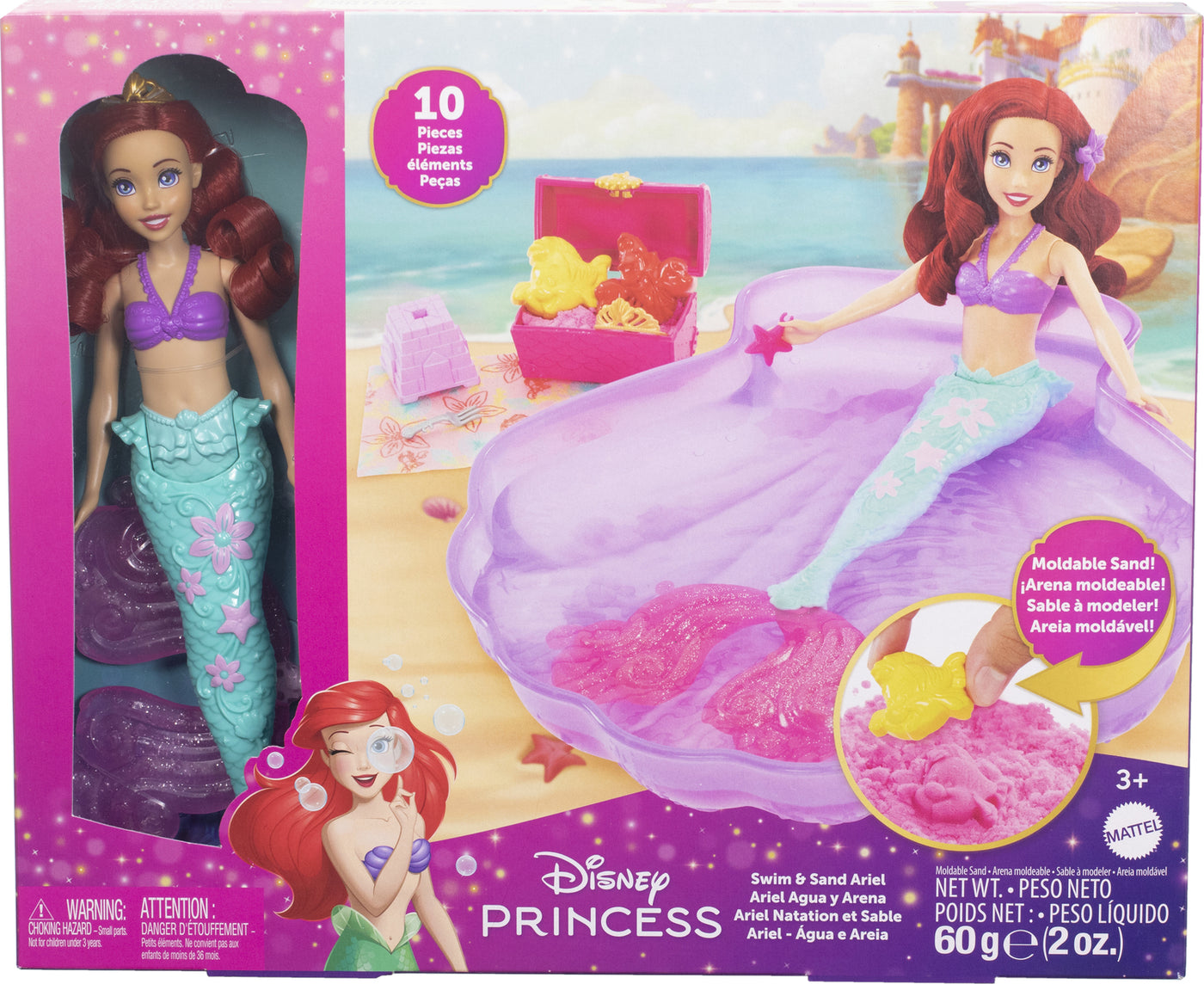 Disney Princess Swim and Sand Ariel Doll – Little Barbie Mermaid Toy with Shell Pool, Moldable Sand, Sand Molds & 5 Accessories for Kids 3+ Years