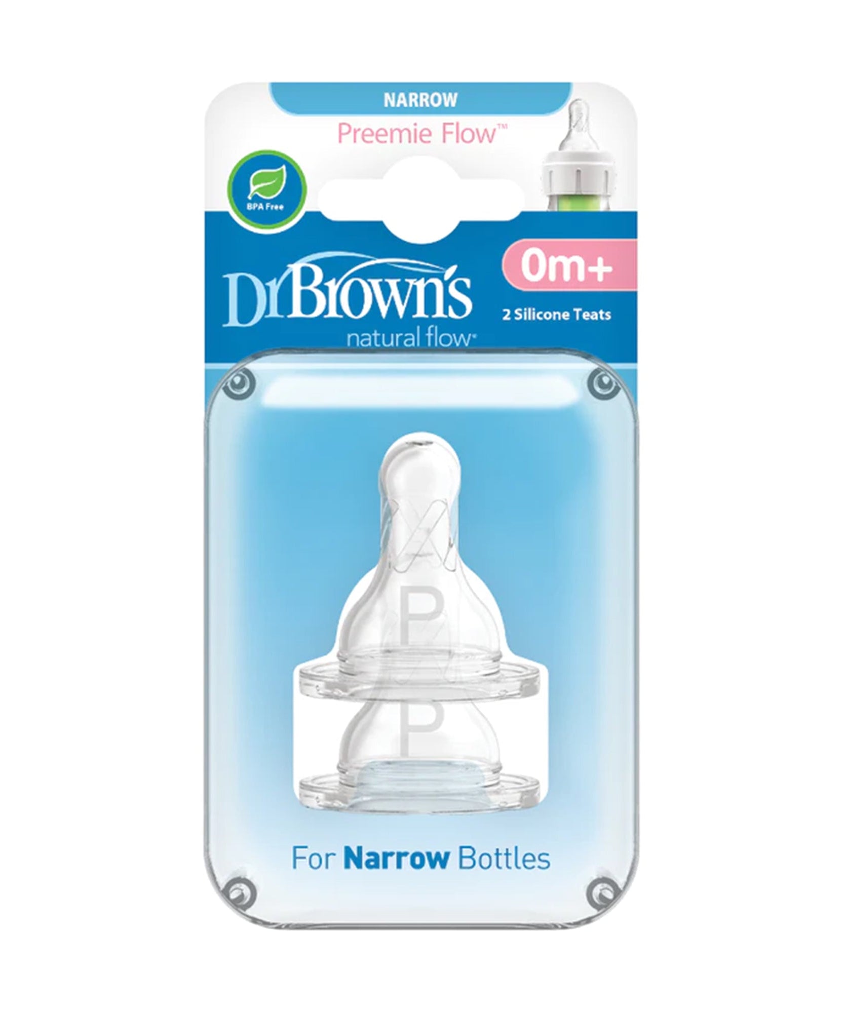 Dr.Brown's Natural Flow Preemie Flow Silicone Nipple for Narrow Neck Bottles | Pack of 2 Teats