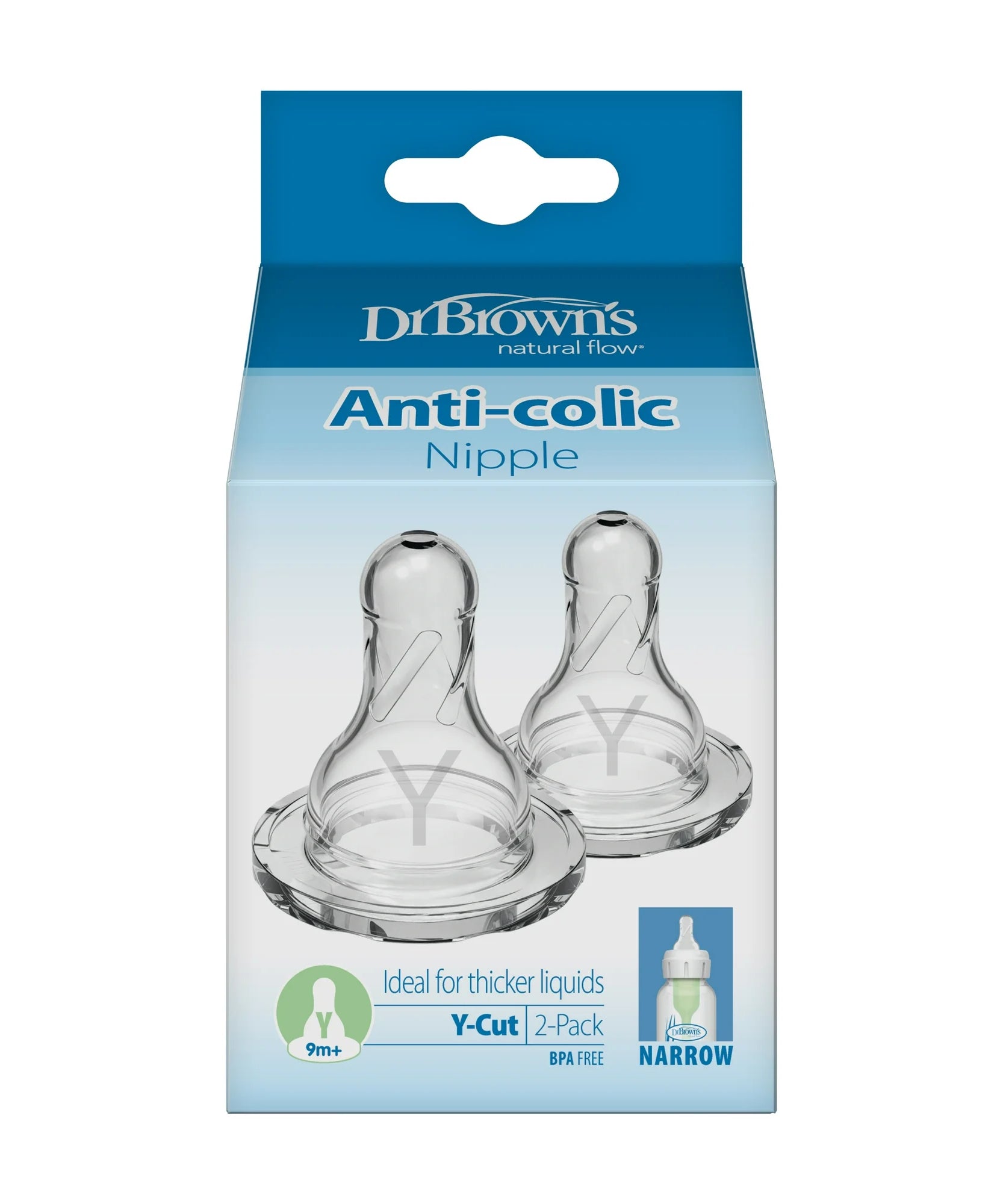 Dr. Brown's Natural Flow Anti-Colic | Y-Cut Narrow Baby Bottle Silicone Nipple | Ideal for Thicker Liquids | 9m+ | 100% Silicone | 2-Pack