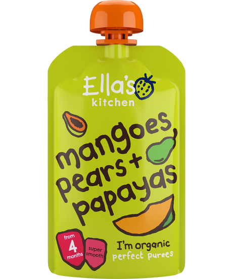 Ella’s Kitchen Mangoes, Pears & Papayas – Organic Smooth Puree for Babies 4+ Months – 120g Pouch – No Added Sugar, Salt, or Water – Naturally Sweet & Gluten-Free - MINIMEE KIDS