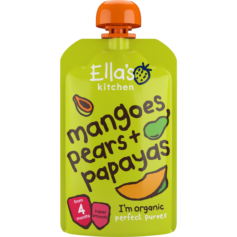 Ella’s Kitchen Mangoes, Pears & Papayas – Organic Smooth Puree for Babies 4+ Months – 120g Pouch – No Added Sugar, Salt, or Water – Naturally Sweet & Gluten-Free