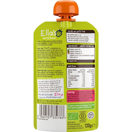 Ella’s Kitchen Mangoes, Pears & Papayas – Organic Smooth Puree for Babies 4+ Months – 120g Pouch – No Added Sugar, Salt, or Water – Naturally Sweet & Gluten-Free