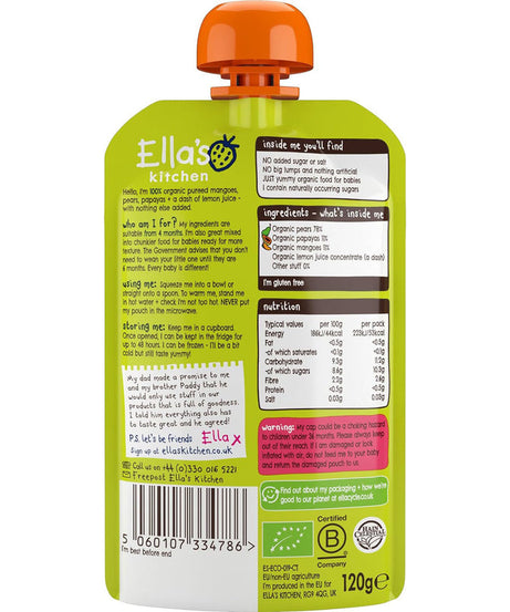 Ella’s Kitchen Mangoes, Pears & Papayas – Organic Smooth Puree for Babies 4+ Months – 120g Pouch – No Added Sugar, Salt, or Water – Naturally Sweet & Gluten-Free - MINIMEE KIDS