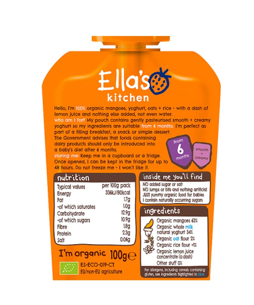 Ella’s Kitchen Mango Baby Brekkie – Organic Smooth & Creamy Breakfast Puree for Babies 6+ Months – Made with Mangoes, Whole Milk Yogurt, Oats & Rice Flour – 100g – No Added Sugar, Salt, or Water - MINIMEE KIDS