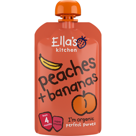 Ella’s Kitchen Organic Peaches & Bananas – Super Smooth Puree for Babies 4-6 Months – 120g – No Added Sugar, Salt, or Water – Naturally Sweet & Gluten-Free – Fully Recyclable