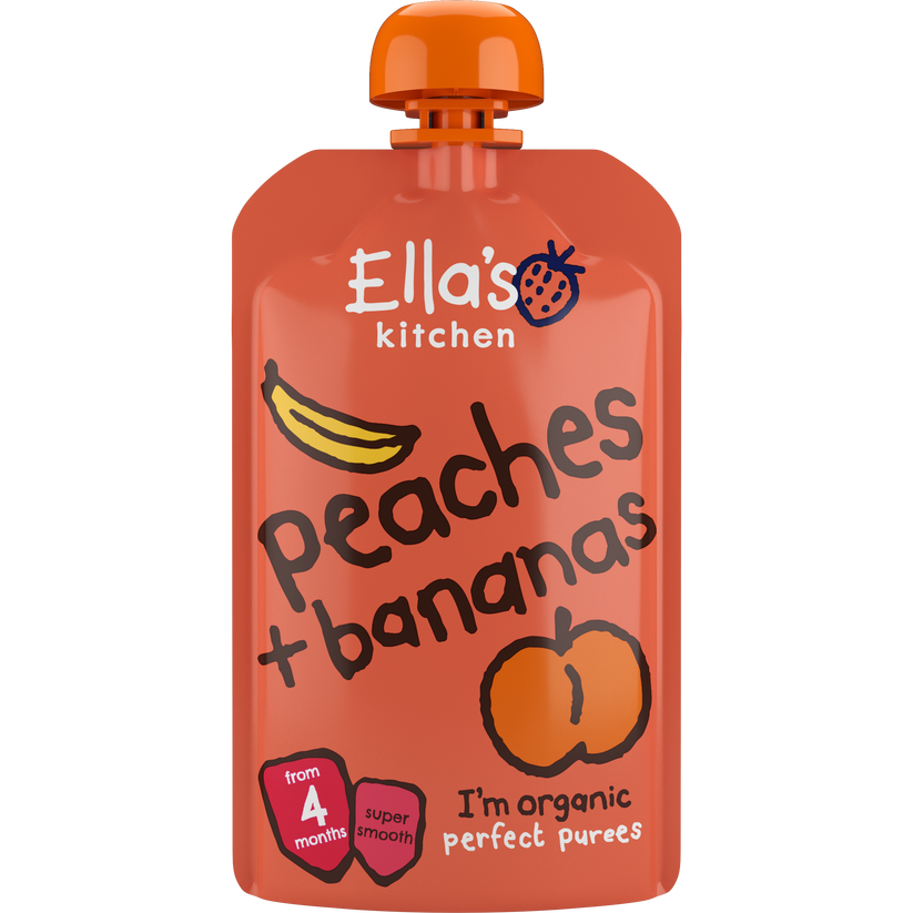 Ella’s Kitchen Organic Peaches & Bananas – Super Smooth Puree for Babies 4-6 Months – 120g – No Added Sugar, Salt, or Water – Naturally Sweet & Gluten-Free – Fully Recyclable