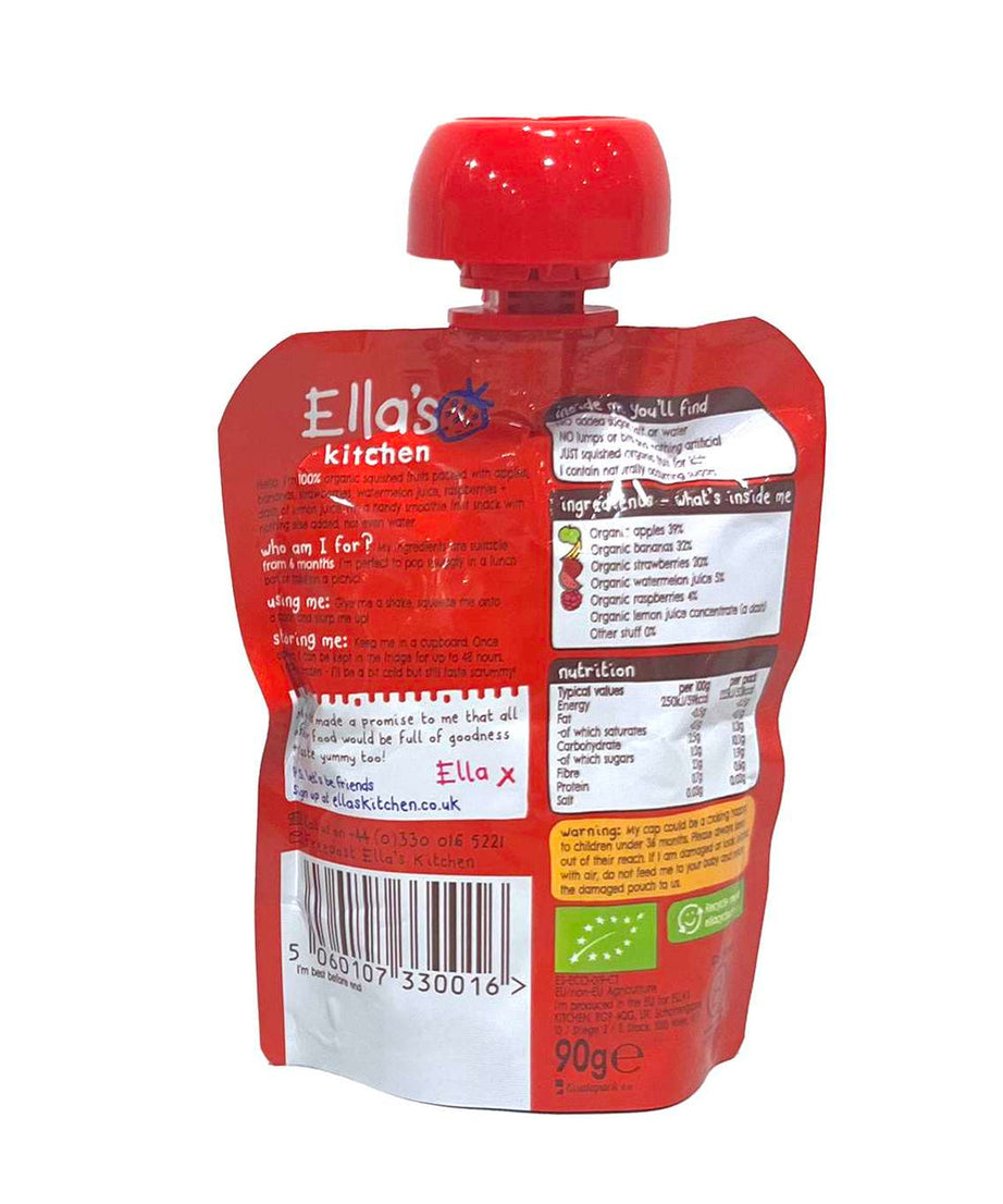 Ella's Kitchen The Red One Organic Fruit Puree | 100% Organic Squished Fruit with Apples, Bananas, Strawberries, Watermelon & Raspberries | No Added Sugar | Smooth Baby Food Pouch | 90g | 6+months - MINIMEE KIDS