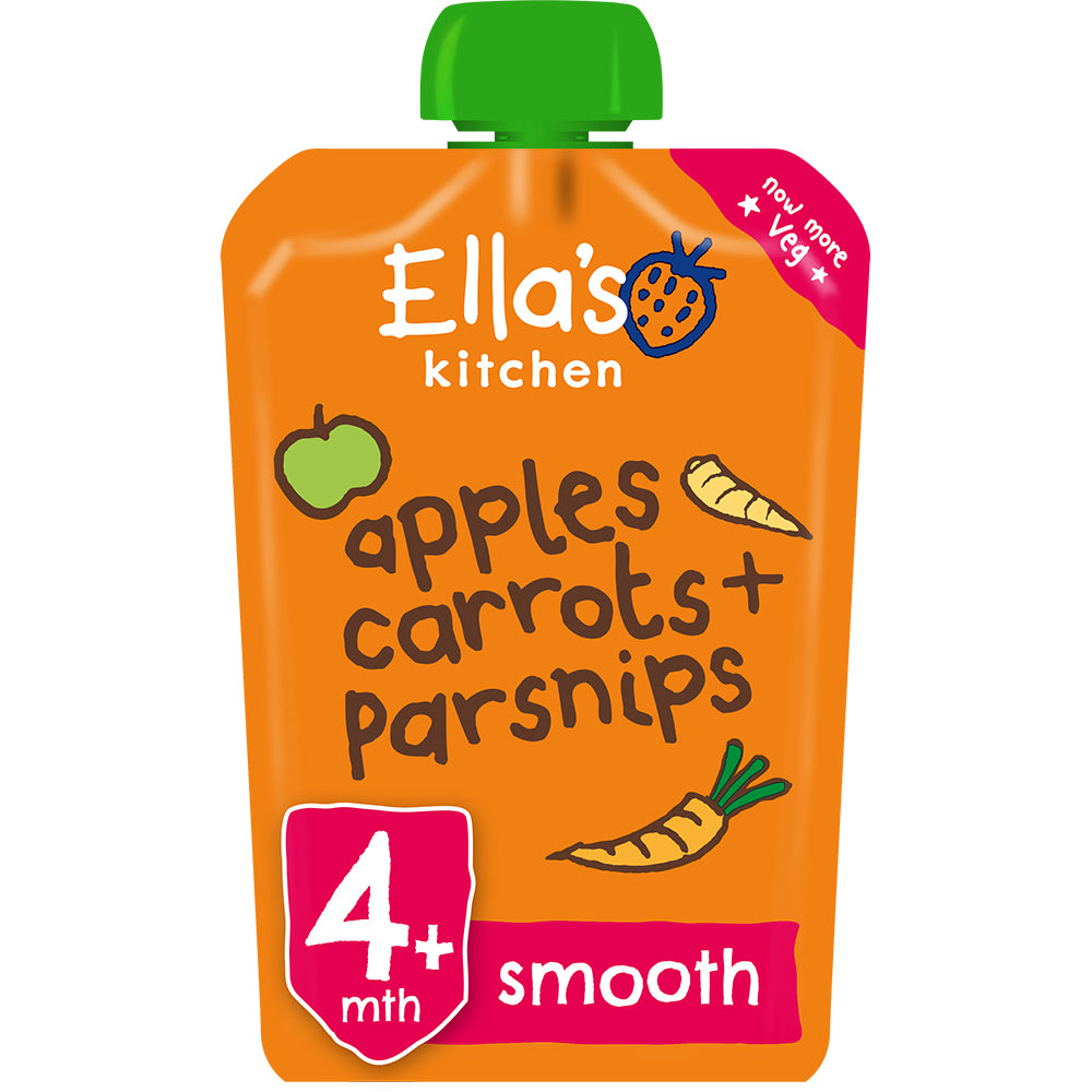 Ella’s Kitchen Apples, Carrots & Parsnips – Organic Super Smooth Puree for Babies 4+ Months – 120g Pouch – No Added Sugar, Salt, or Water – Naturally Sweet & Gluten-Free
