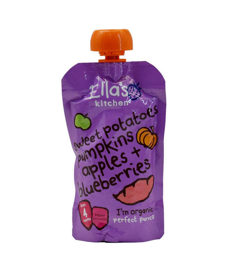 Ella’s Kitchen Sweet Potatoes, Pumpkins, Apples & Blueberries – Organic Super Smooth Puree for Babies 4+ Months – 120g – No Added Sugar, Salt, or Water – Naturally Sweet & Gluten-Free