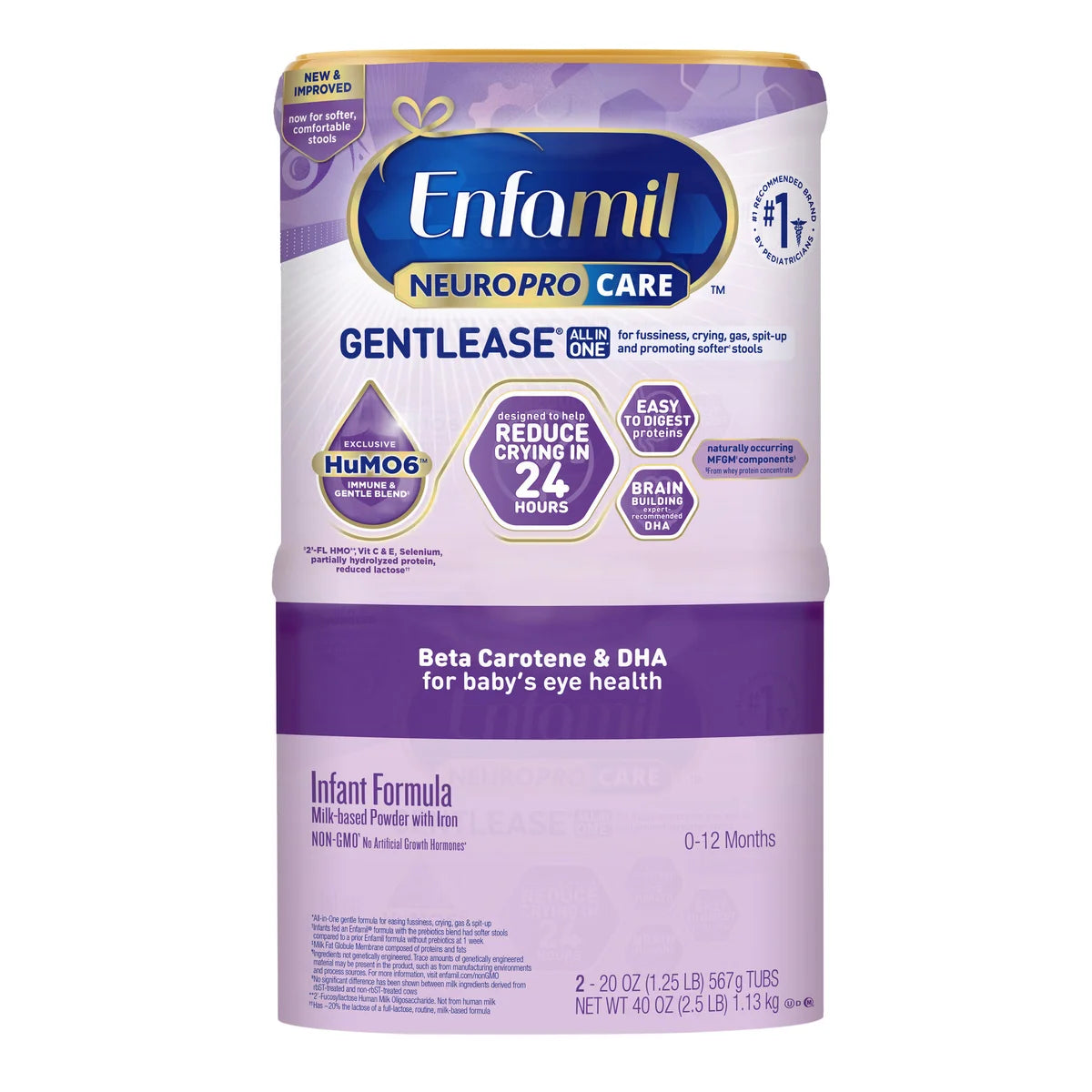 Enfamil NeuroPro Care Gentlease Infant Formula Powder for Fussiness, Crying, Gas & Spit-Up Relief | Complete Nutrition with DHA, HuMO6 Immune Blend, & Easy-to-Digest Proteins | 1.13kg (20oz Each), 0-12 Months