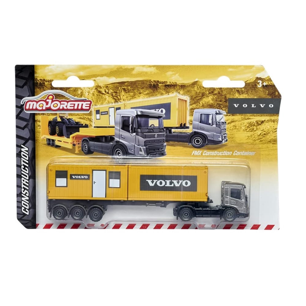 Majorette Volvo Construction Series Die-Cast Trucks 3 Variants - FMX Construction Container, FMX Low Bed Trailer, FMX Show Truck | Realistic Detailing, Durable Build, Ideal for Kids & Collectors | Premium Construction Vehicles for Ages 3+