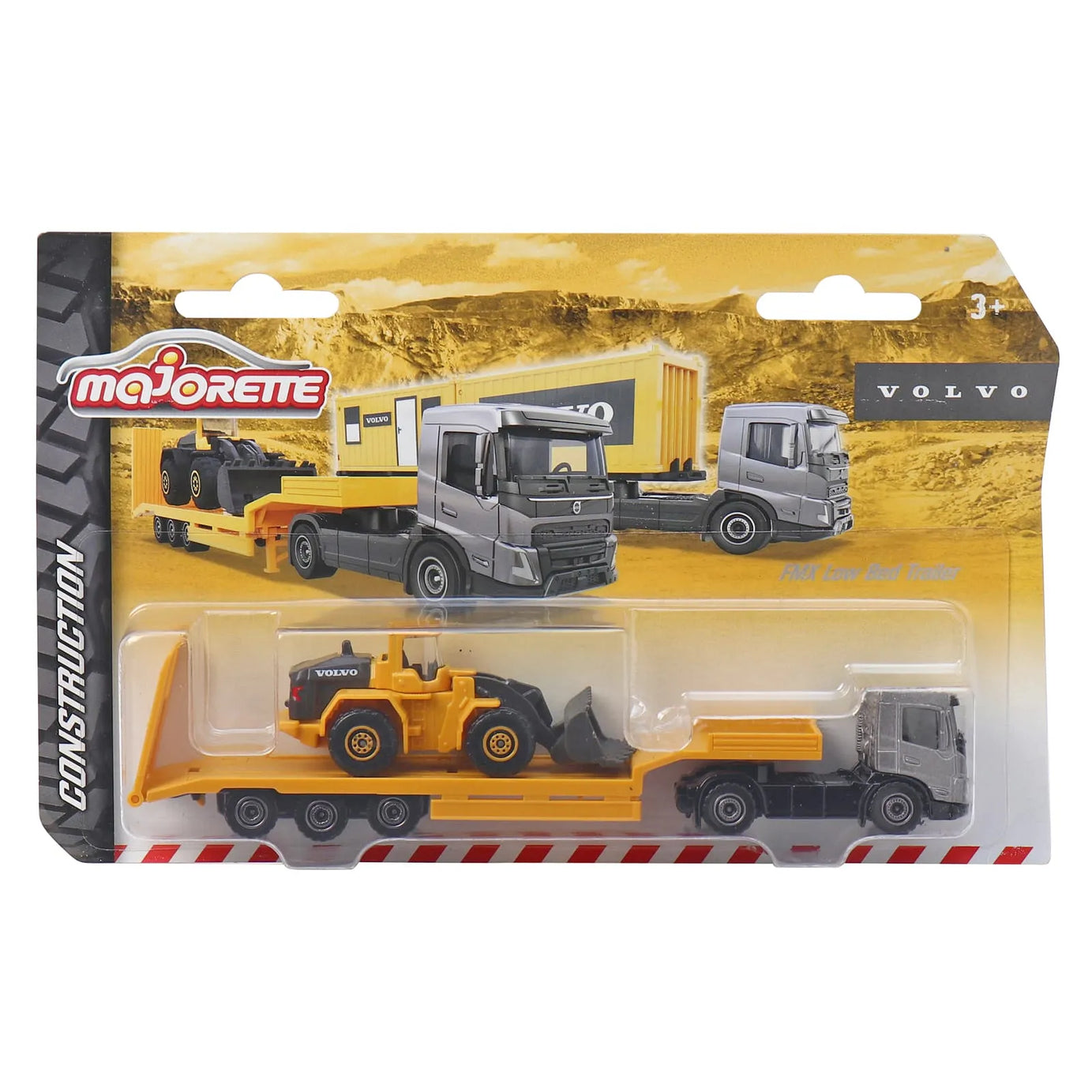 Majorette Volvo Construction Series Die-Cast Trucks 3 Variants - FMX Construction Container, FMX Low Bed Trailer, FMX Show Truck | Realistic Detailing, Durable Build, Ideal for Kids & Collectors | Premium Construction Vehicles for Ages 3+