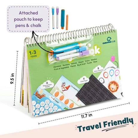 Curious Cub First Busy Book for Toddlers 1–3 Years | Montessori-Inspired Reusable Activity Book with 7 Wipe & Clean Sheets, 2 Chalk Pages, 7 Velcro Activities & 2 Markers | Early Learning & Travel-Friendly Toy