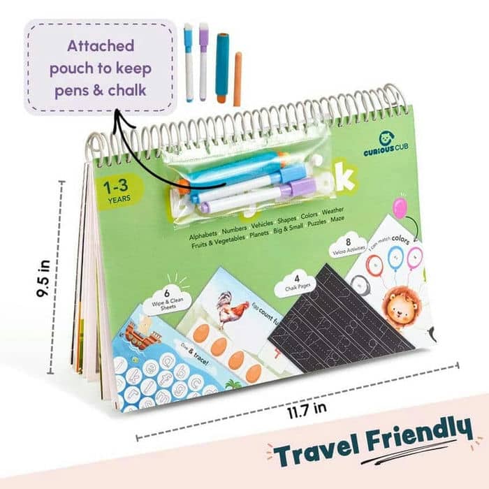Curious Cub First Busy Book for Toddlers 1–3 Years | Montessori-Inspired Reusable Activity Book with 7 Wipe & Clean Sheets, 2 Chalk Pages, 7 Velcro Activities & 2 Markers | Early Learning & Travel-Friendly Toy