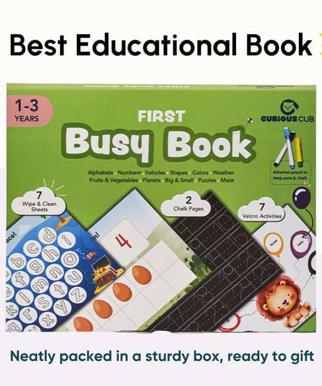 Curious Cub First Busy Book for Toddlers 1–3 Years | Montessori-Inspired Reusable Activity Book with 7 Wipe & Clean Sheets, 2 Chalk Pages, 7 Velcro Activities & 2 Markers | Early Learning & Travel-Friendly Toy - MINIMEE KIDS