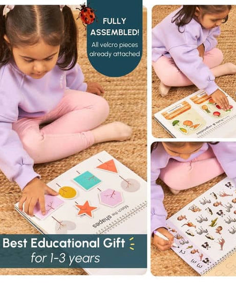 Curious Cub First Busy Book for Toddlers 1–3 Years | Montessori-Inspired Reusable Activity Book with 7 Wipe & Clean Sheets, 2 Chalk Pages, 7 Velcro Activities & 2 Markers | Early Learning & Travel-Friendly Toy - MINIMEE KIDS