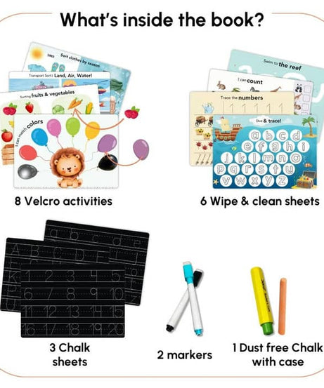 Curious Cub First Busy Book for Toddlers 1–3 Years | Montessori-Inspired Reusable Activity Book with 7 Wipe & Clean Sheets, 2 Chalk Pages, 7 Velcro Activities & 2 Markers | Early Learning & Travel-Friendly Toy - MINIMEE KIDS
