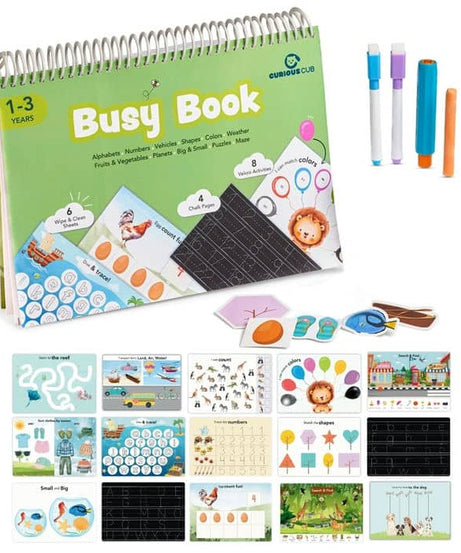 Curious Cub First Busy Book for Toddlers 1–3 Years | Montessori-Inspired Reusable Activity Book with 7 Wipe & Clean Sheets, 2 Chalk Pages, 7 Velcro Activities & 2 Markers | Early Learning & Travel-Friendly Toy - MINIMEE KIDS