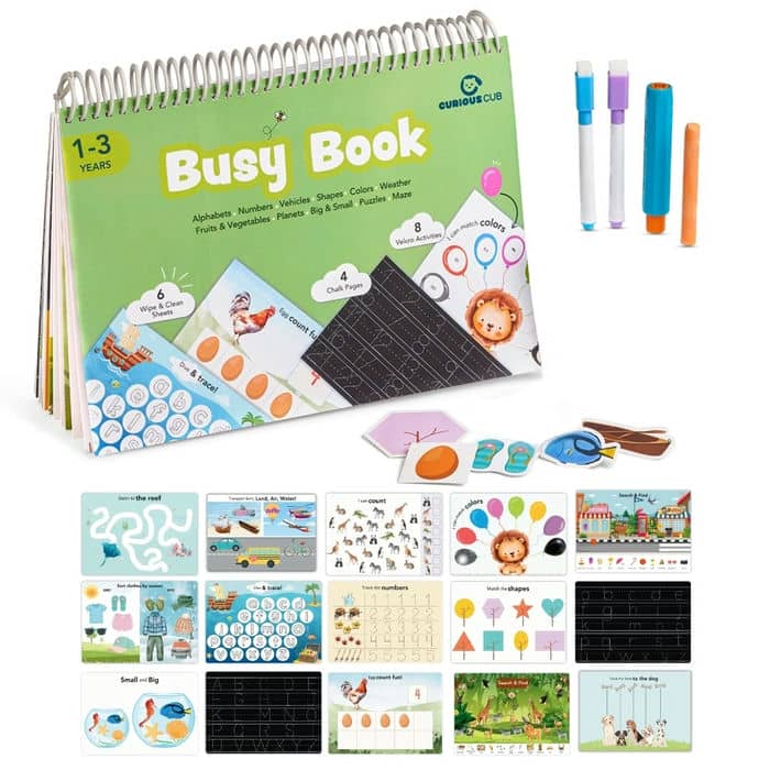Curious Cub First Busy Book for Toddlers 1–3 Years | Montessori-Inspired Reusable Activity Book with 7 Wipe & Clean Sheets, 2 Chalk Pages, 7 Velcro Activities & 2 Markers | Early Learning & Travel-Friendly Toy
