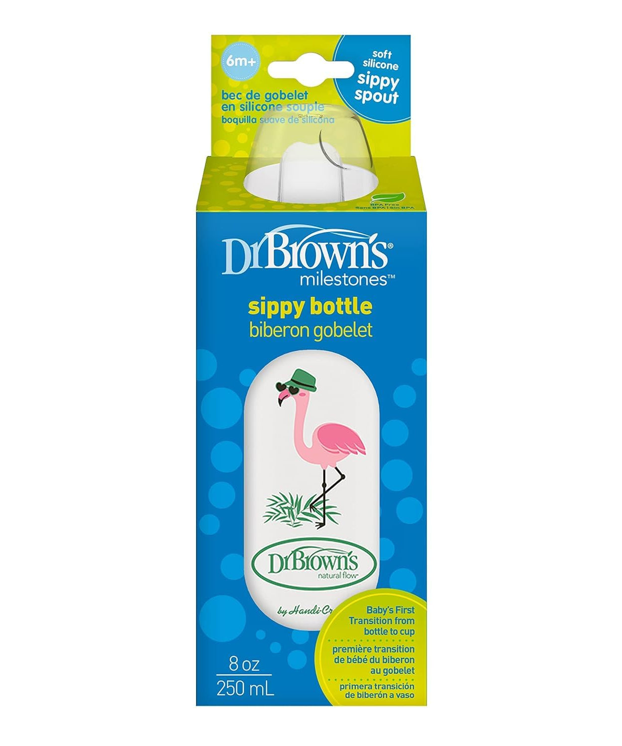Dr. Brown's Milestones Narrow Sippy Bottle | Soft Silicone Sippy Spout for 6 Months & Above | Flamingo - 250ml - MINIMEE KIDS