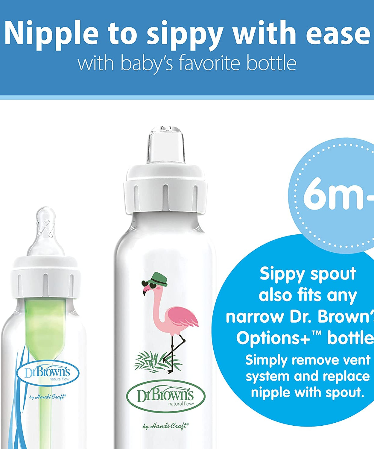 Dr. Brown's Milestones Narrow Sippy Bottle | Soft Silicone Sippy Spout for 6 Months & Above | Flamingo - 250ml - MINIMEE KIDS
