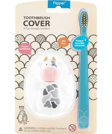 Flipper Fun Animal ToothBrush & Toothbrush Cover Set - Cow