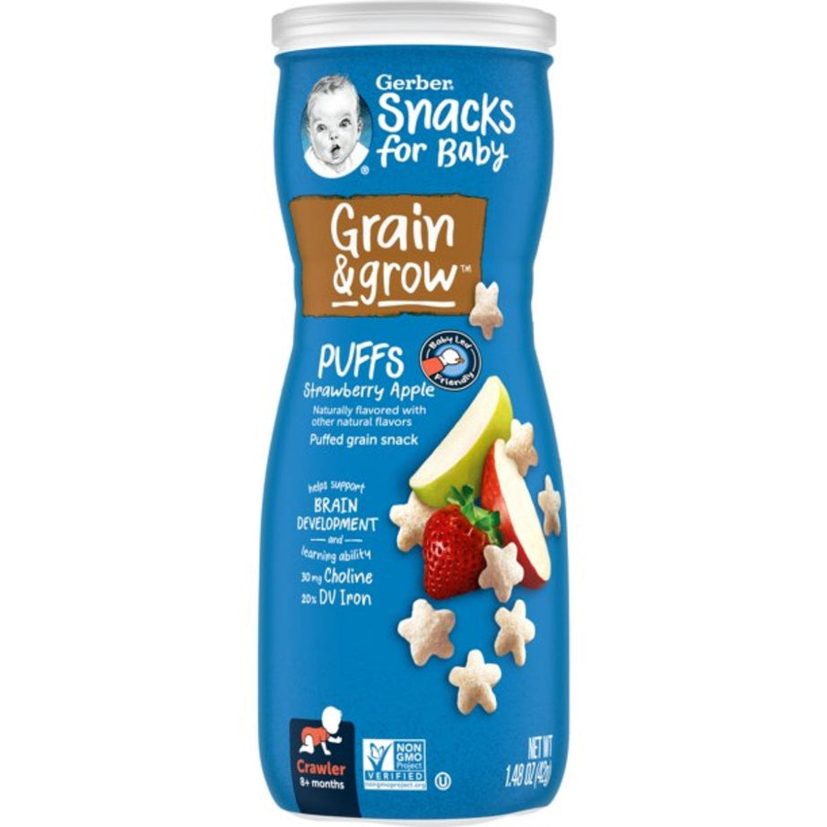 Gerber Grain & Grow Strawberry Apple Puffs Baby Cereal Snack for Crawlers 8+ Months – Whole Grains, Iron, Vitamin E – Non-GMO Baby Snack – 42g