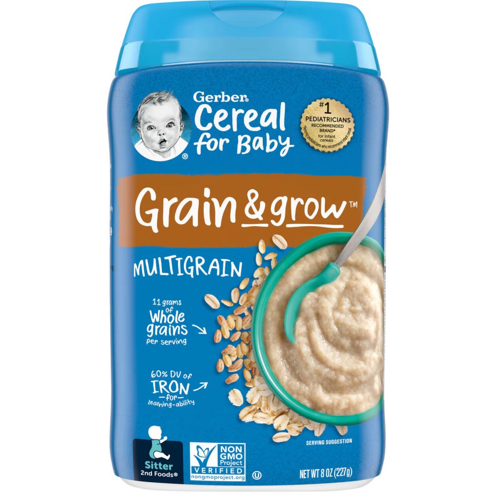Gerber Grain & Grow Multigrain Cereal for Sitter Babies 2nd Foods | 227g | Pediatrician Recommended Infant Cereal | 11g Whole Grains | 60% DV Iron | Non-GMO & Kosher | BPA-Free Packaging