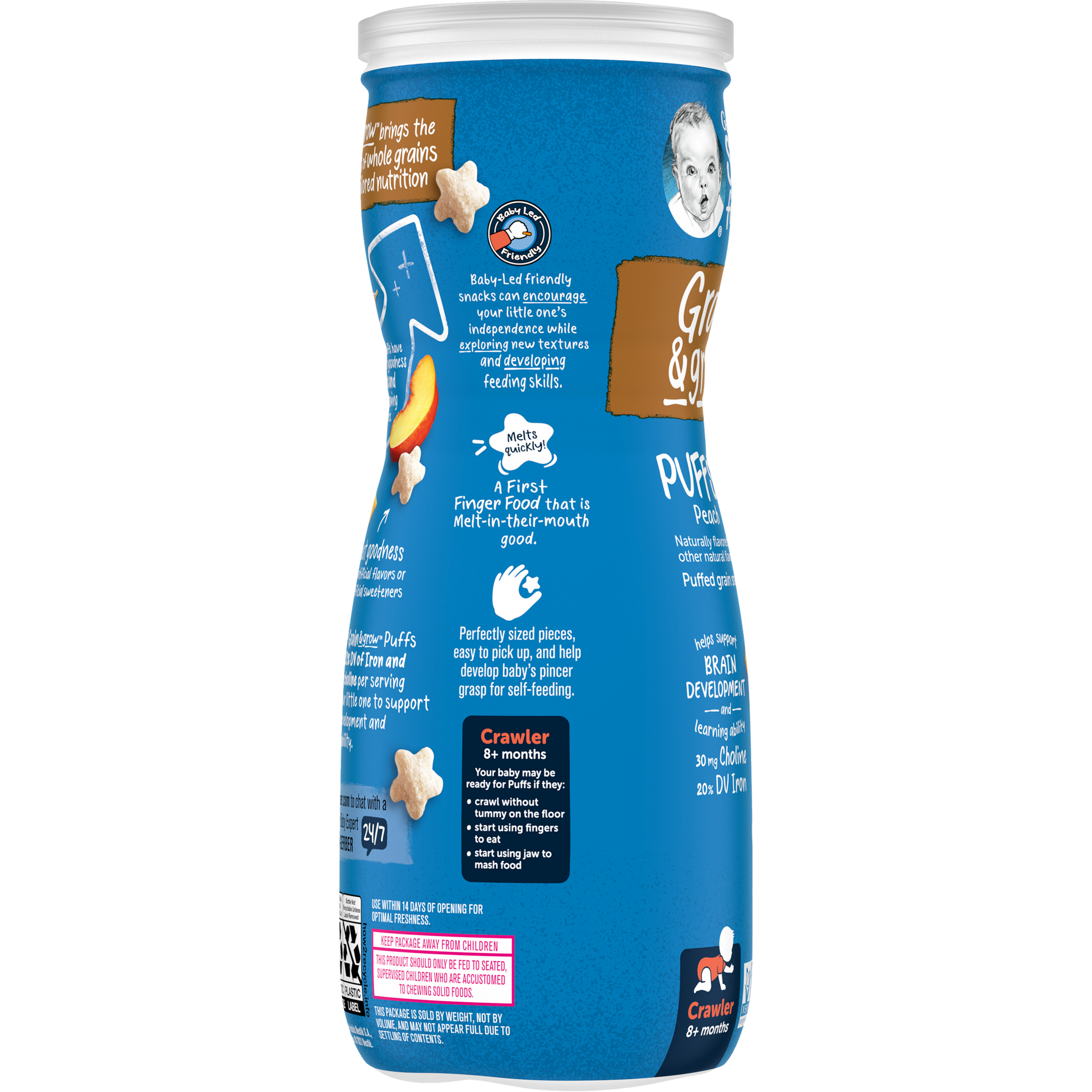 Gerber Grain & Grow Peach Puffs – Whole Grain Baby Snack with Iron, Vitamin E & Essential Nutrients – No Artificial Flavors – 8+ Months – 42g (1.48 oz)