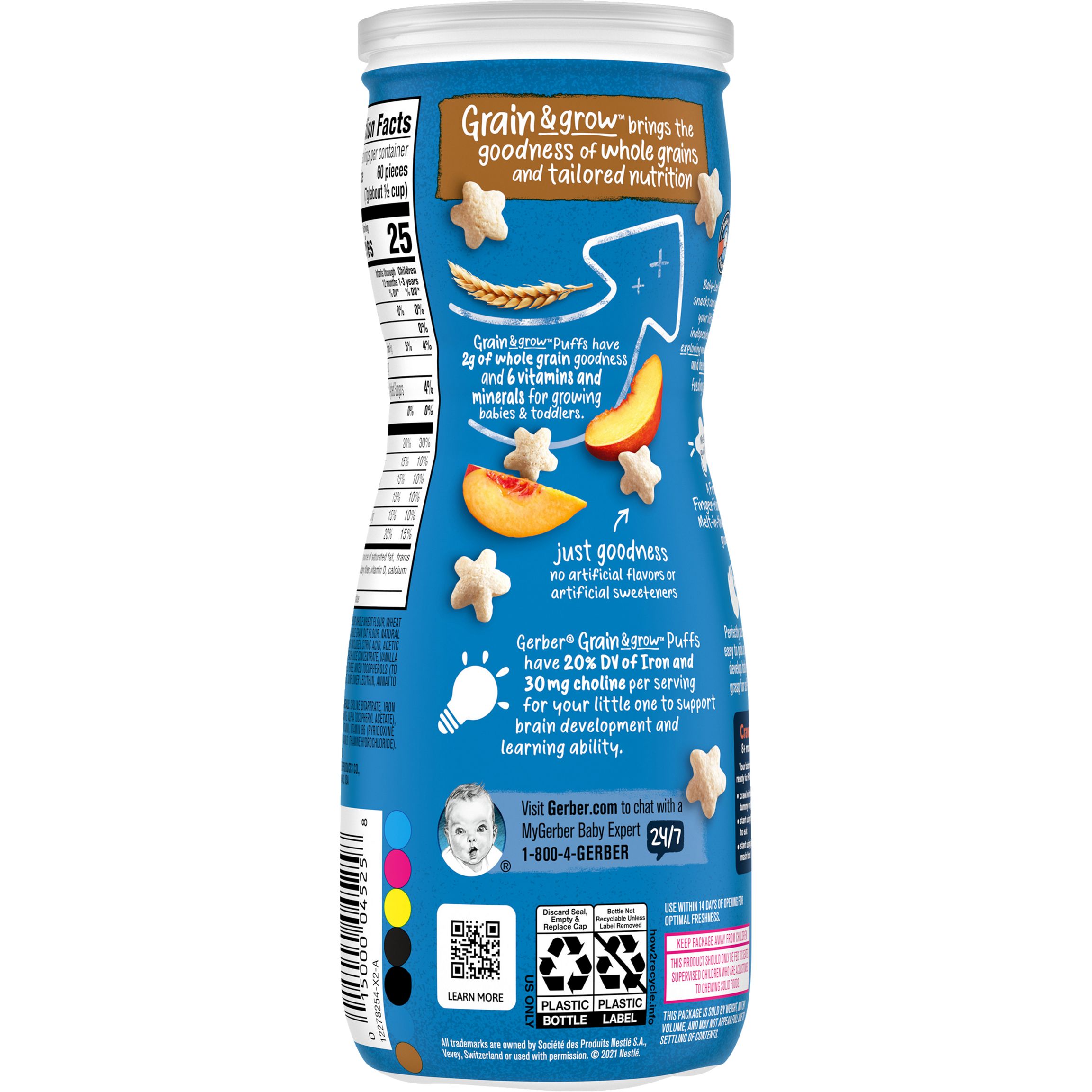 Gerber Grain & Grow Peach Puffs – Whole Grain Baby Snack with Iron, Vitamin E & Essential Nutrients – No Artificial Flavors – 8+ Months – 42g (1.48 oz)