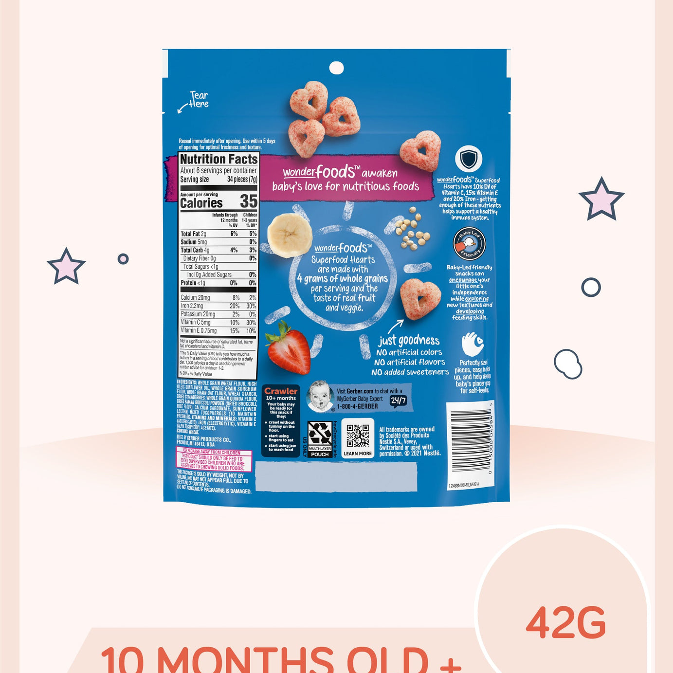 Gerber Superfood Hearts with Quinoa Strawberry Banana & Broccoli Snacks for Crawler 10 Months & Above - 42g