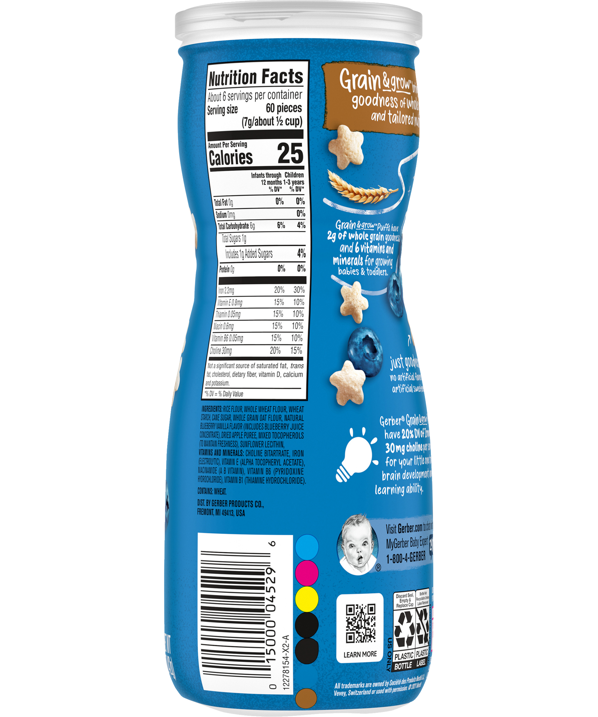 Gerber Grain & Grow Blueberry Puffs – Whole Grain Baby Snack with Iron, Vitamin E & Zinc – No Artificial Flavors – 8+ Months – 42g (1.48 oz) - MINIMEE KIDS